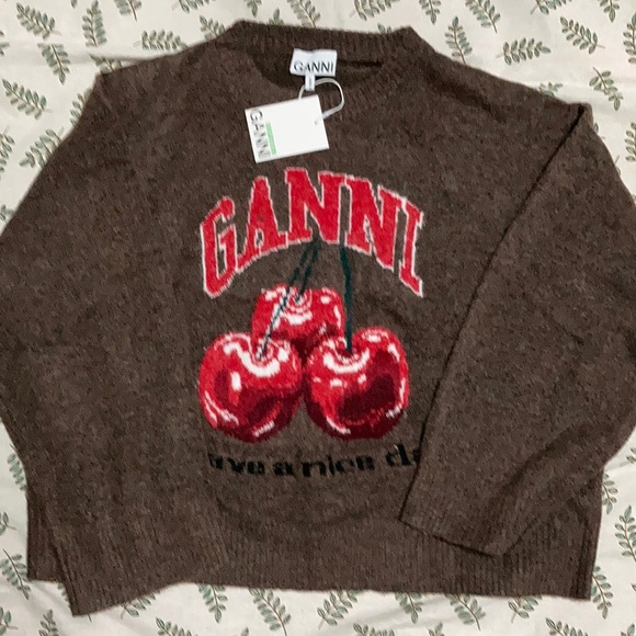 Women’s Ganni Camel Graphic Cherry jumper size Large - Picture 1 of 5